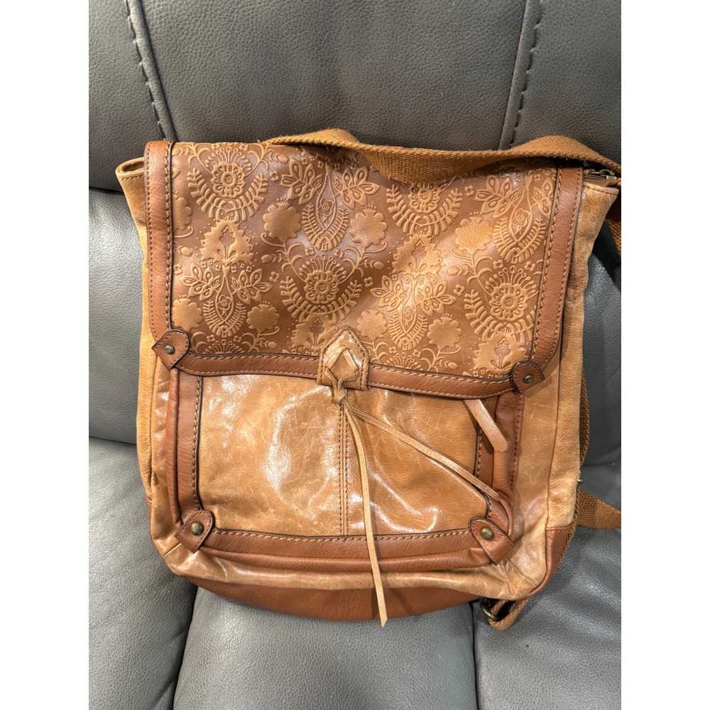 The Sak Brown Leather Floral Embossed Convertible Backpack Crossbody Bag Cognac